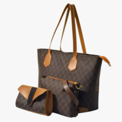 BROWN CHECKERED TOTE HAND BAG SET.