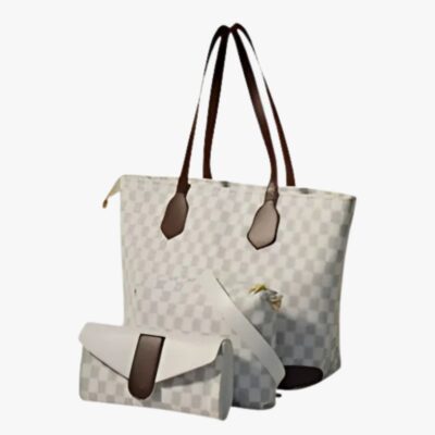 WHITE  CHECKERED TOTE HAND BAG SET