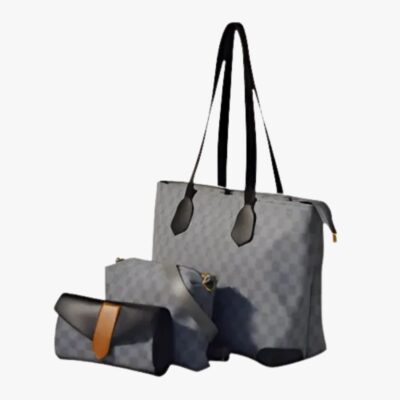 GREY CHECKERED TOTE HAND BAG SET